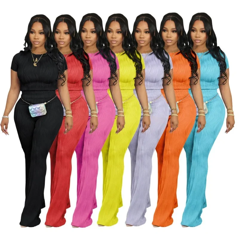 

Women Solid Summer Ribbed 2 Piece Set Casual Tracksuits Short Sleeve T-shirts Tops + Slim Flare Pants Fashion Slim Outfit Suits