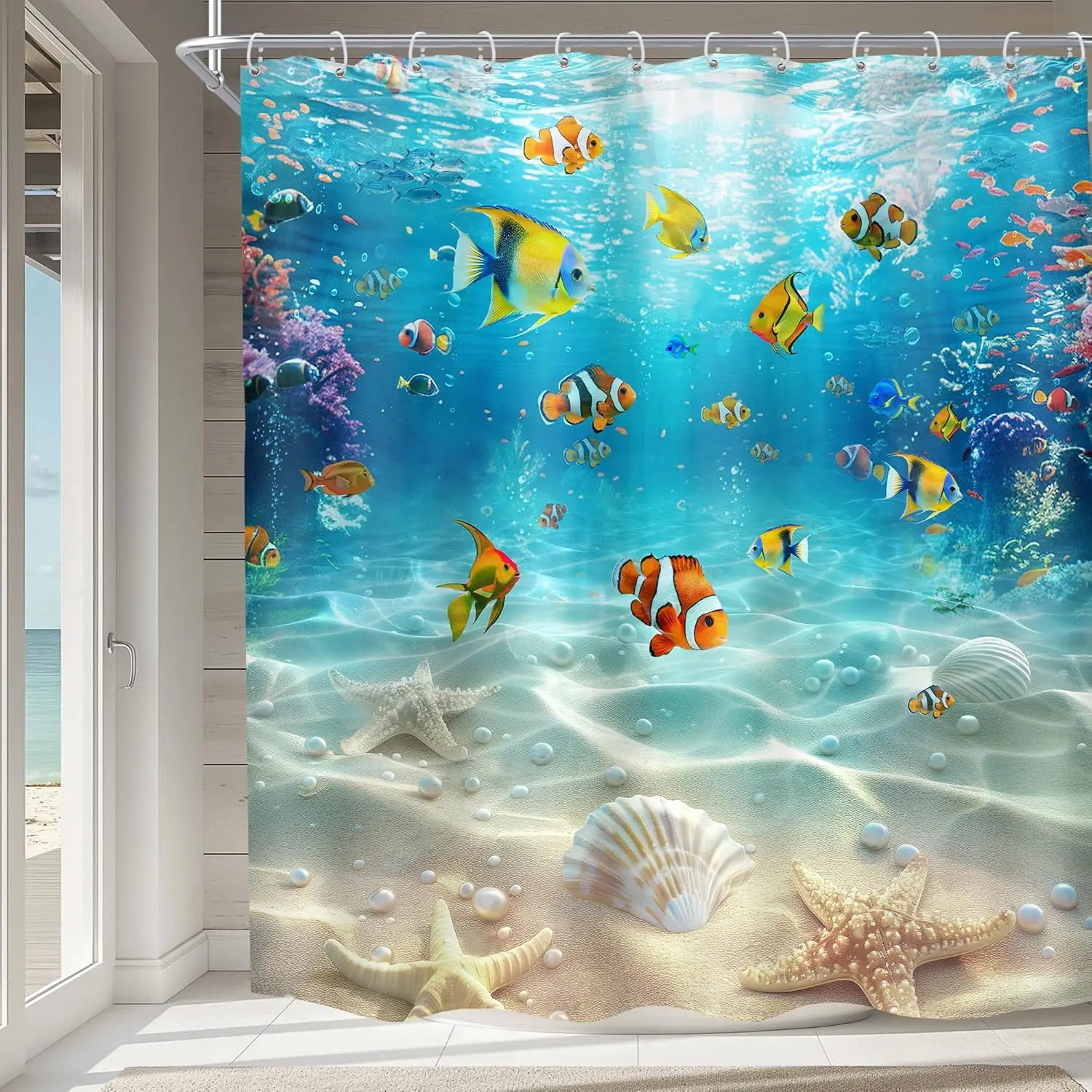 Beach Coastal Shower Curtain Summer Hawaii Ocean Seaside Sunset Sunrise Shower Curtains for Bathroom Waterproof Bath Curtain