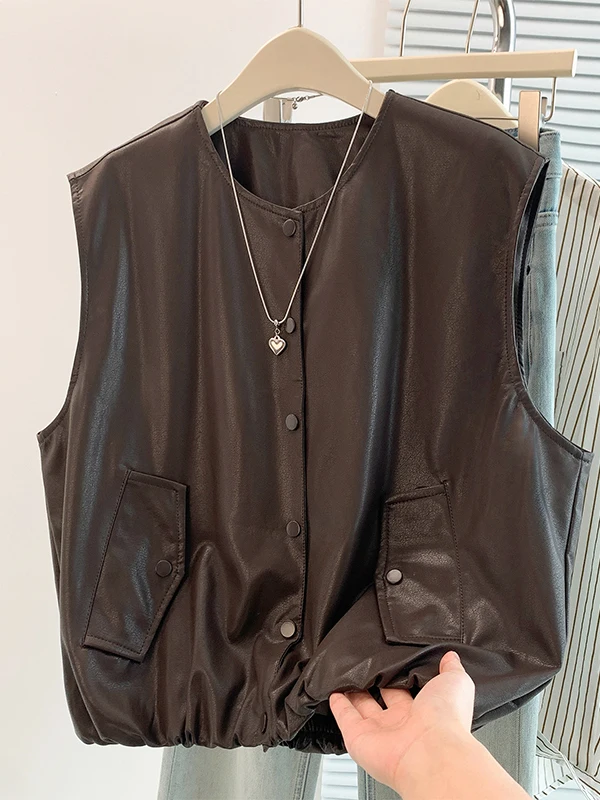 Loose PU Leather Vest Women's Casual round Neck Sleeveless Jacket plus Size Slimming Autumn New Style Fashionable All-Match