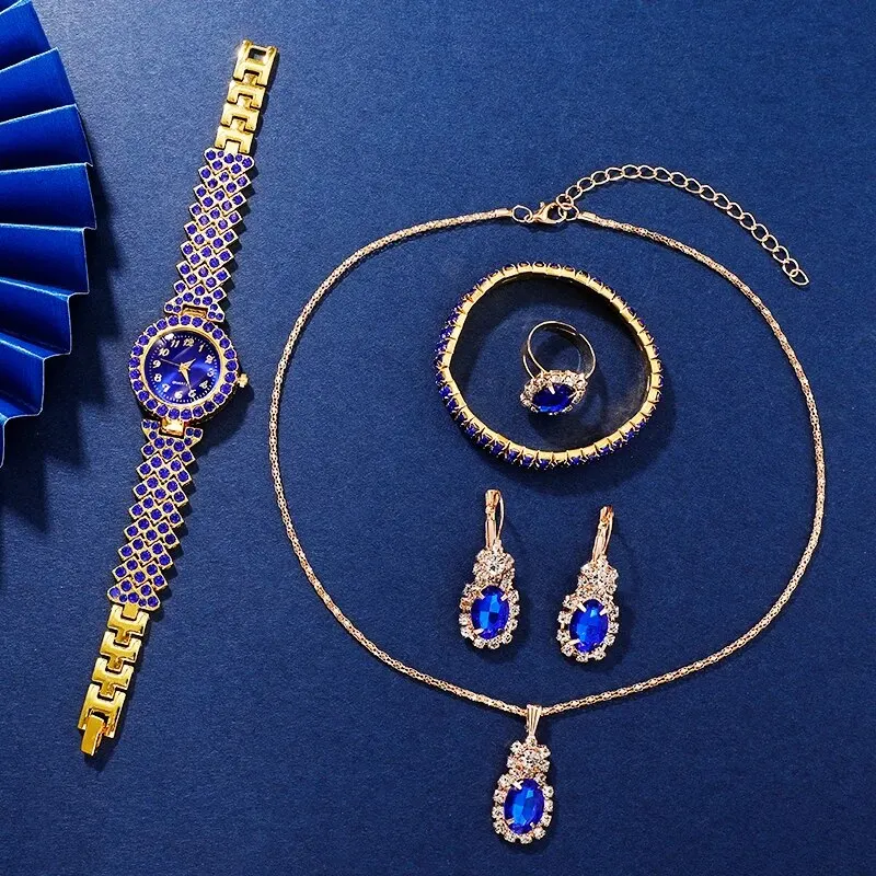 6PCS Set Gold Blue Luxury Watch Women Ring Necklace Earring Rhinestone Fashion Wristwatch Casual Ladies Bracelet Watches