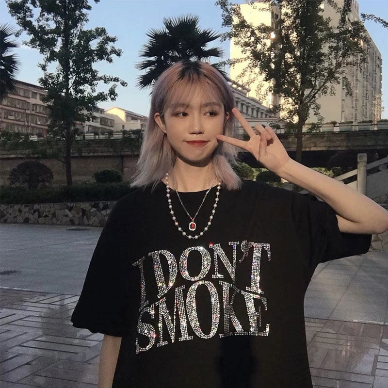 Women T-shirts Korean Style Letter Print I Don't Smoke Rhinestone Punk Loose Tshirt Harajuku Gothic Kawai Tops Tees Plus Size