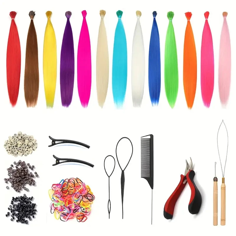 

75pcs Vibrant I-Tip Synthetic Hair Extension Kit - 20" Long Straight Hair in 13 Colors, Includes Styling Tools and Accessories
