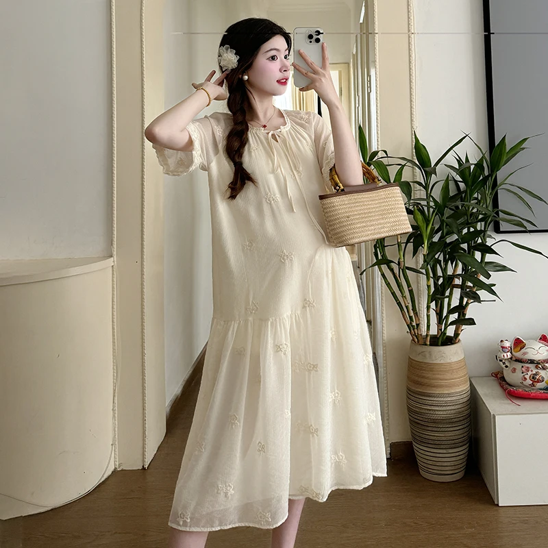 

Spring Pregnant Woman Chiffon Dresses Flare Sleeve O-neck Sweet Maternity Dress with Lining Fashion Pregnancy A-line Dress Cute