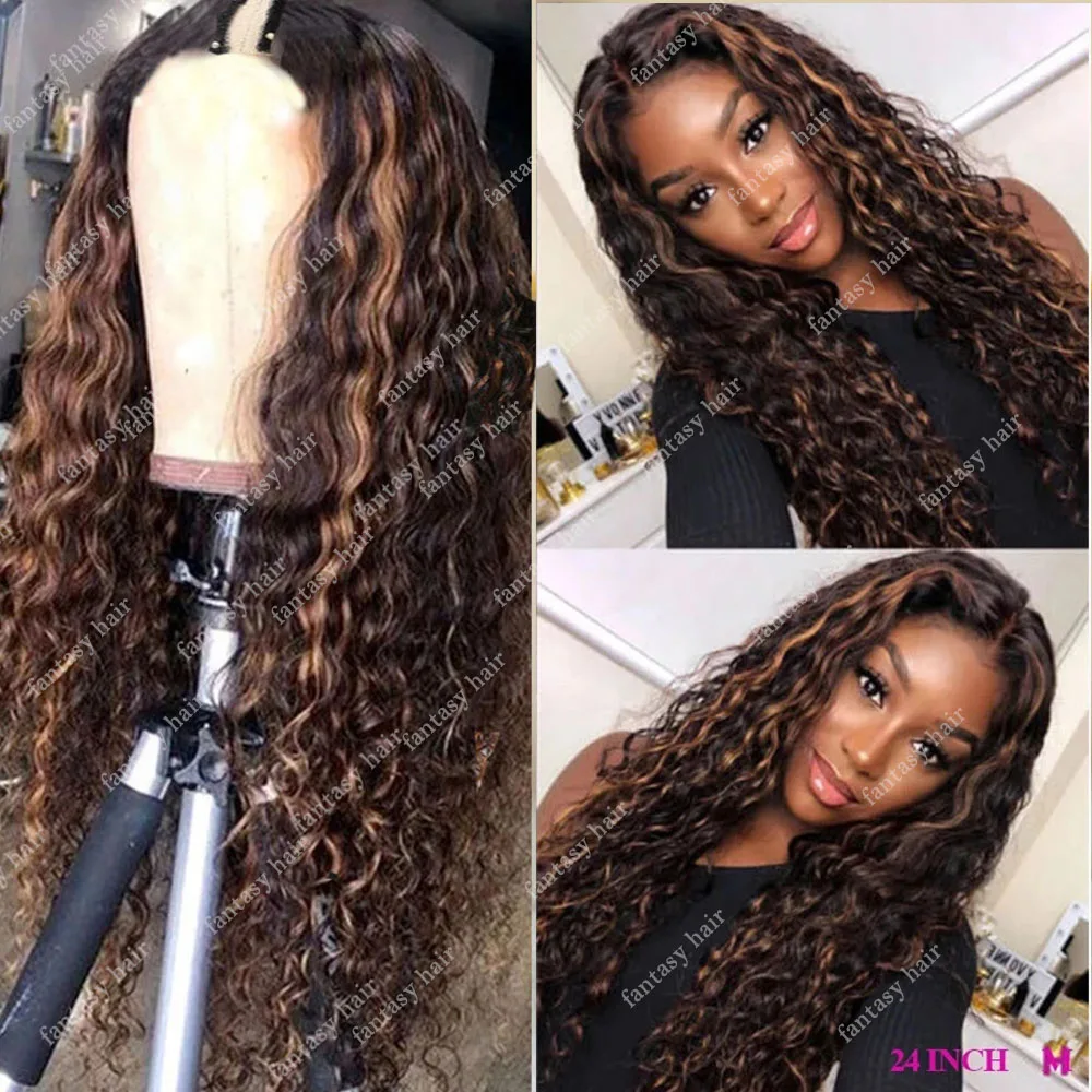 

Highlight Blonde Brown Water Wave V Part Wig Unprocesse Curly Human Hair Wig Glueless Ombre Vpart Full Machine Made No Leave Out