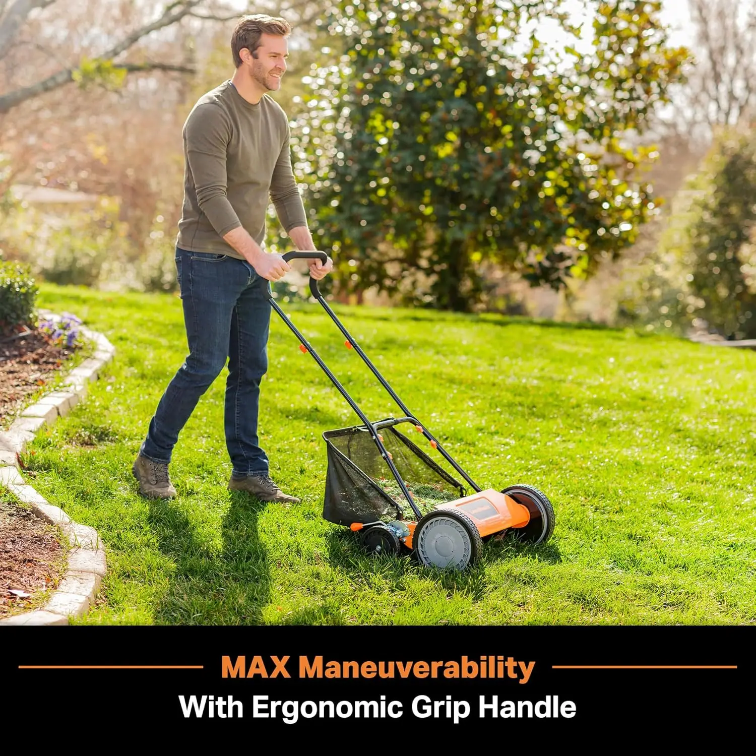 18-Inch Push Reel Lawn Mower for Garden, Metal Material, Gray Color, 5-Blade
