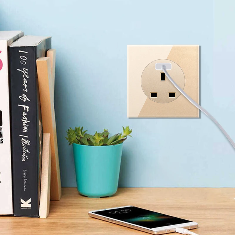 PSSRISE Home Socket EU UK Wall Switch Socket 2.1A USB Charging Power Socket Full Tempered Glass Panel Lighting Switch LED