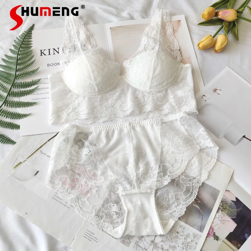 

Women's Sexy Thin Cup Bra Set Autumn New Lace Thin Wireless Black White Intimates Female Japanese Style Lace Brief Suits