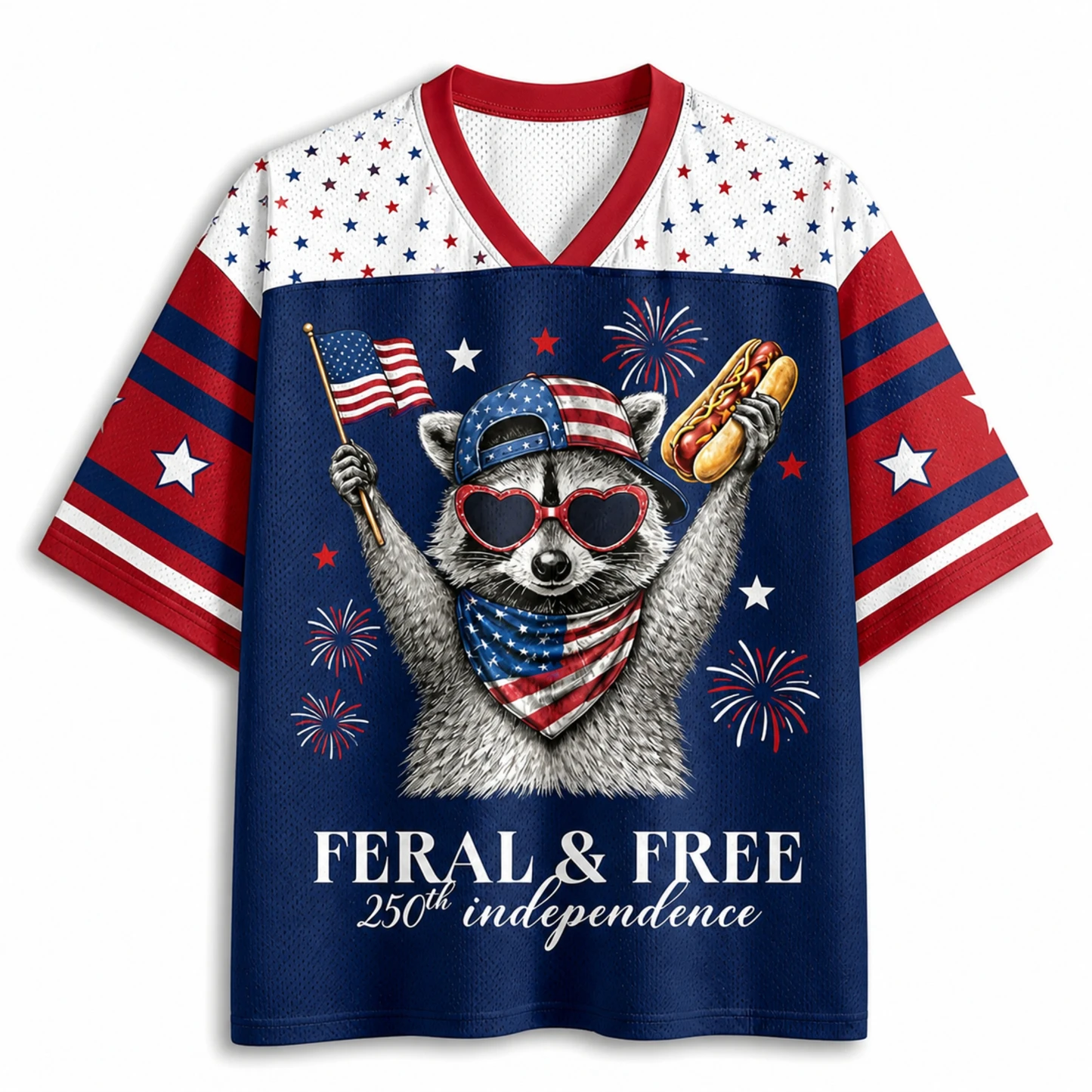 Breathable Mesh V Neck Jersey Celebrate USA 250th Anniversary Funny Raccoon Art Print Summer Outdoor Sports Loose Casual Tops