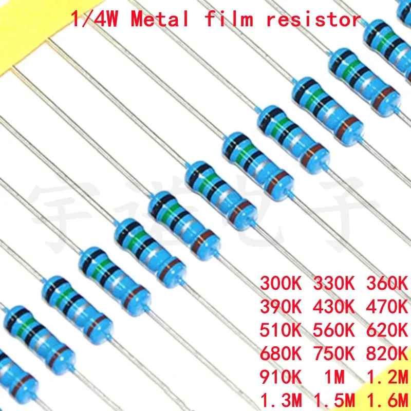 

100piece 1/4W Metal Film Resistor 1% 300K 330K 360K 390K 430K 470K 510K 560 620K 680K 750K 820K 910K 1M 1.2M 1.3M 1.5M 1.6M Ohms