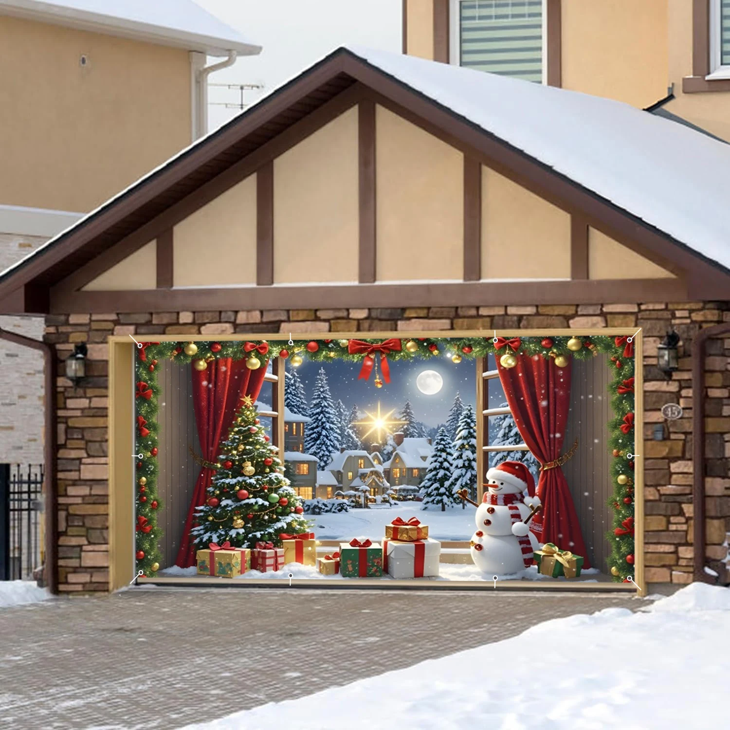 

Сказочный Рождественский фон для гаражных ворот, снеговик, красные шторы, лунный снег, рождественские елки, подарки, уличные встречи, декор, фон