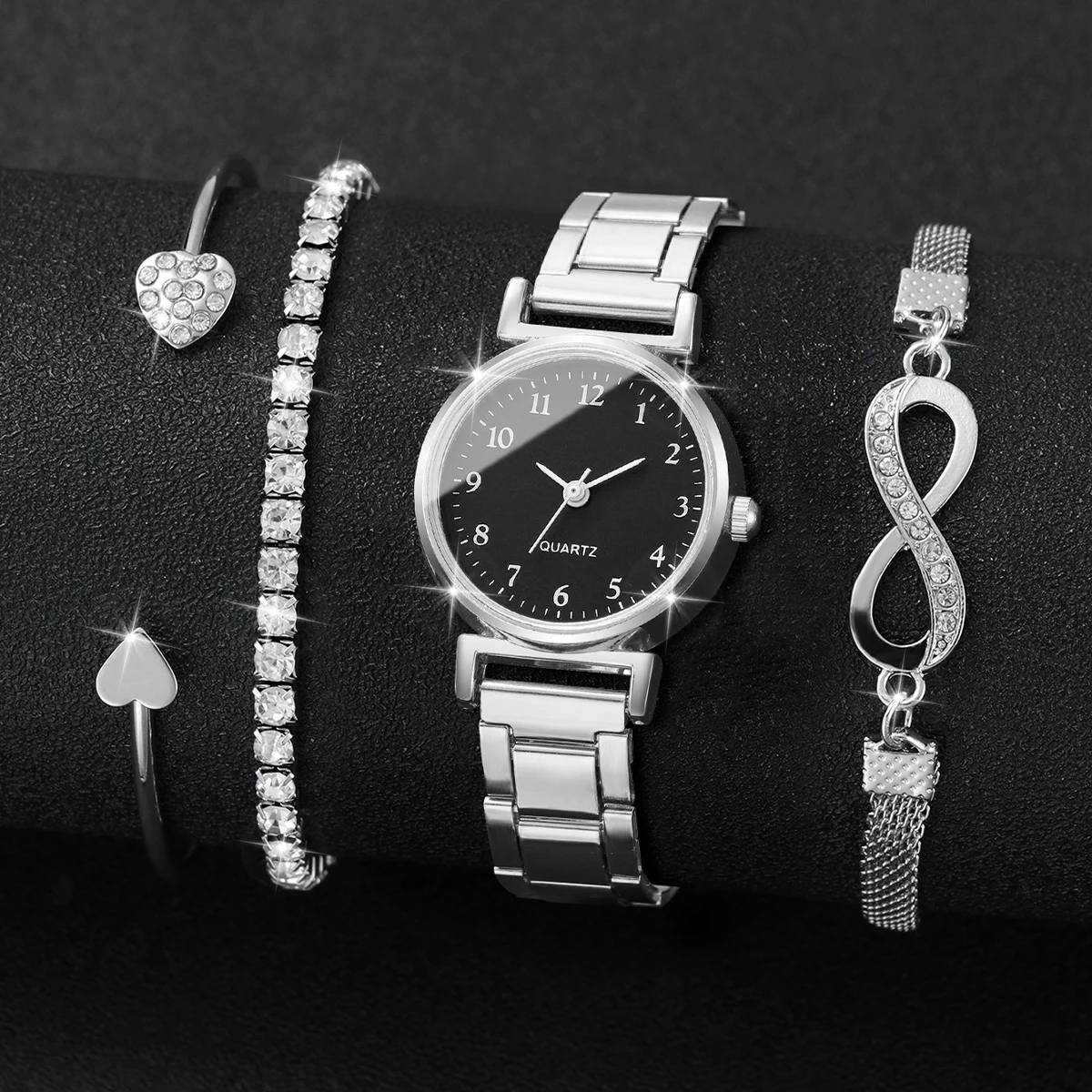 4PCS/Set Fashion Arabic Dial Women Quartz Watch Ladies Alloy Strap Wristwatch Rhinestone Bracelets Set Reloj Mujer (Without Box)