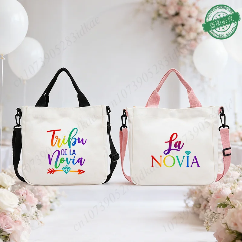 

Spanish Bridal Bacherlette Party Canvas Tote Bags, Team Bride Tribe Rainbow Print Crossbody Bag, Reusable Tote for Wedding Day