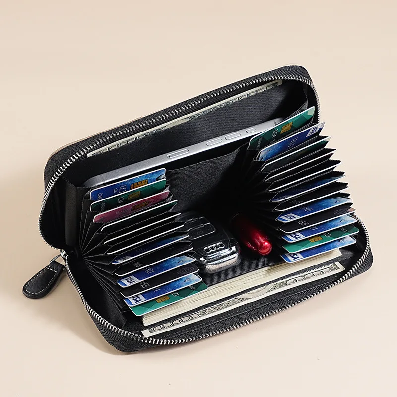 حقيبة بطاقات الجهاز RFID للرجال والنساء، محفظة طويلة من الجلد بسحاب ملون، محفظة بطاقات ائتمان متعددة الوظائف