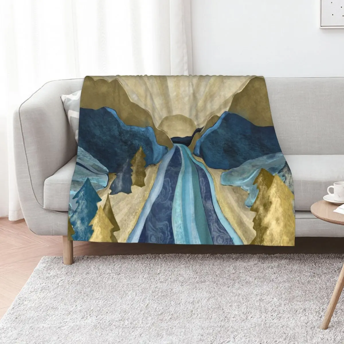 Blue gold mountain river sunrise Throw Blanket for babies heavy to sleep Hair Hairys Plaid Sofa Throw Blankets
