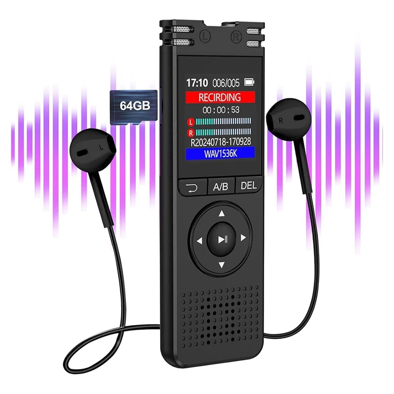 64GB Digital Voice Recorder With Playback Voice Activated Large Screen Sound Audio Recorder For Interview/Meeting/Class