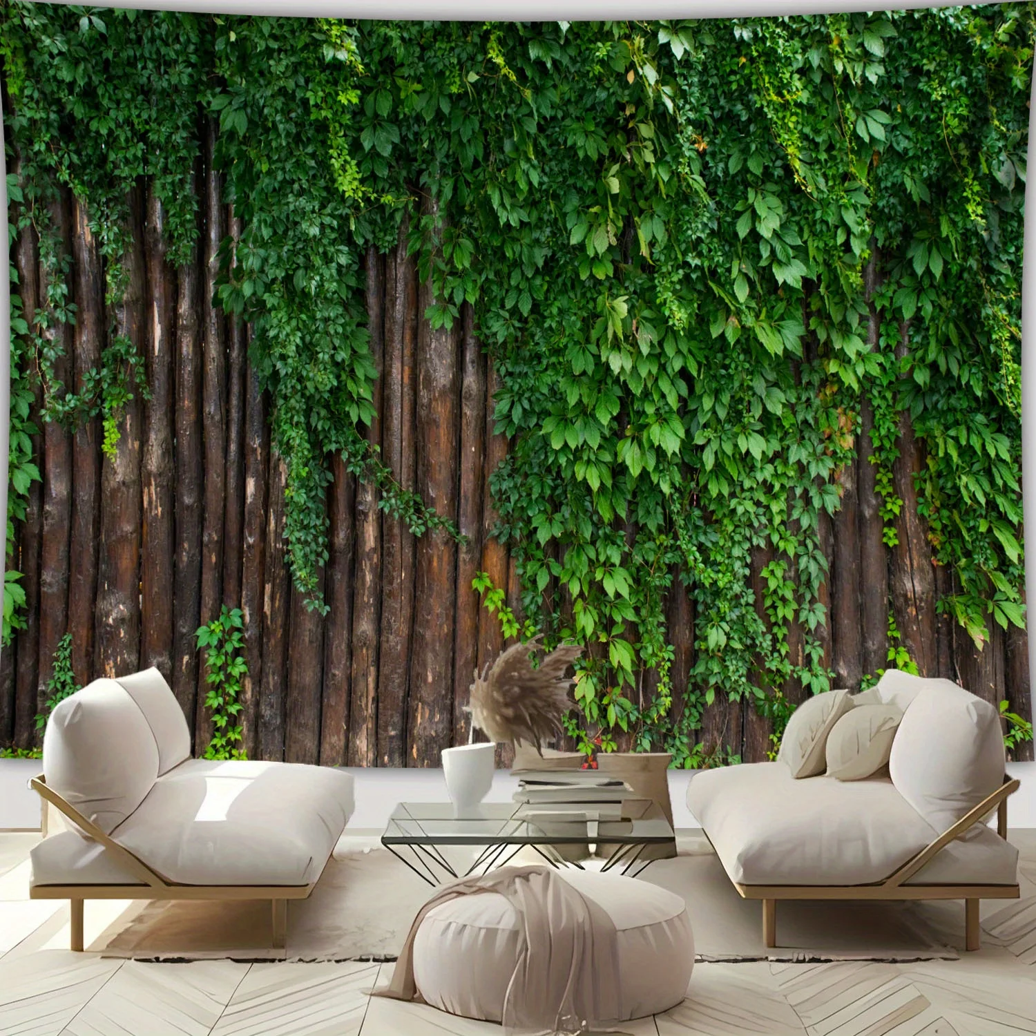 Soothing Indoor Oasis Living Room with Lush Greenery and Wooden Wall Design, Featuring Comfortable Seating Arrangements