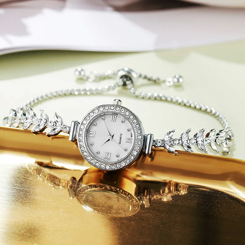女性用ダイヤモンドブレスレット付きエレガントウォッチ,女性用腕時計,小型クォーツ,軽量,ラグジュアリー,ブランドファッション