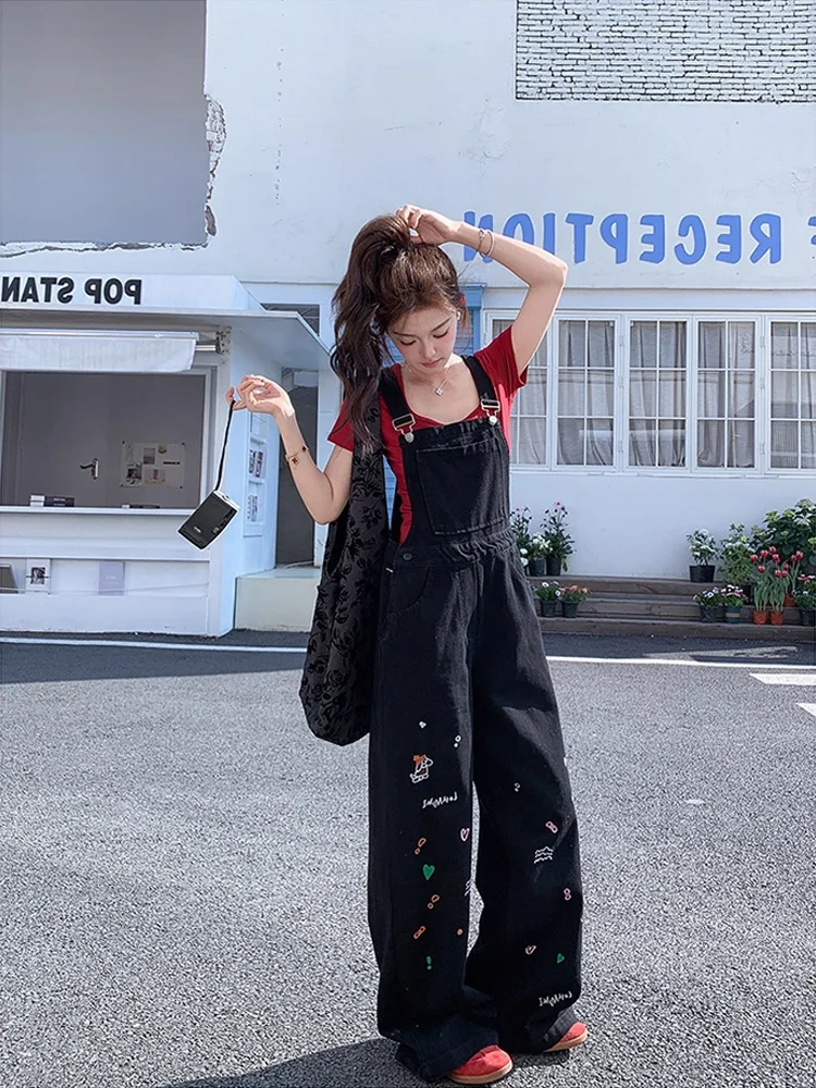 

Retro American Embroidered Denim Overalls Women's Loose High Waist Wide Leg Workwear One-Piece Spring Age-Defng Pants