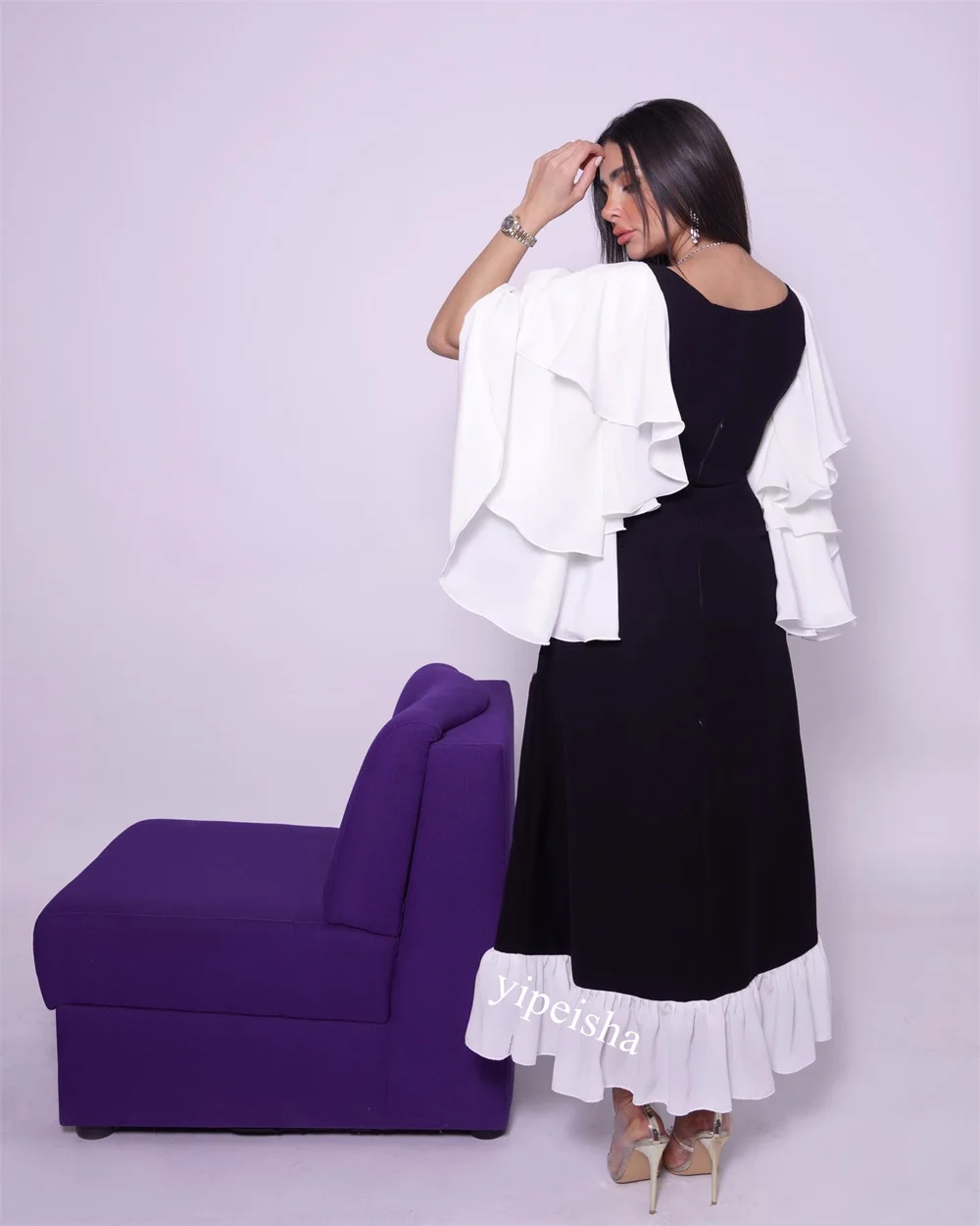 Customized     Jersey Ruffles Birthday A-line Boat Neck Bespoke Occasion Gown Midi es    Dresses 