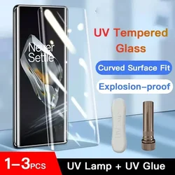 1-3PCS UV Tempered Glass For OnePlus 12 11 R 10 9 8 7 7T Ace2 Pro Full Cover Glue Curing Film For OnePlus 12 Screen Protector