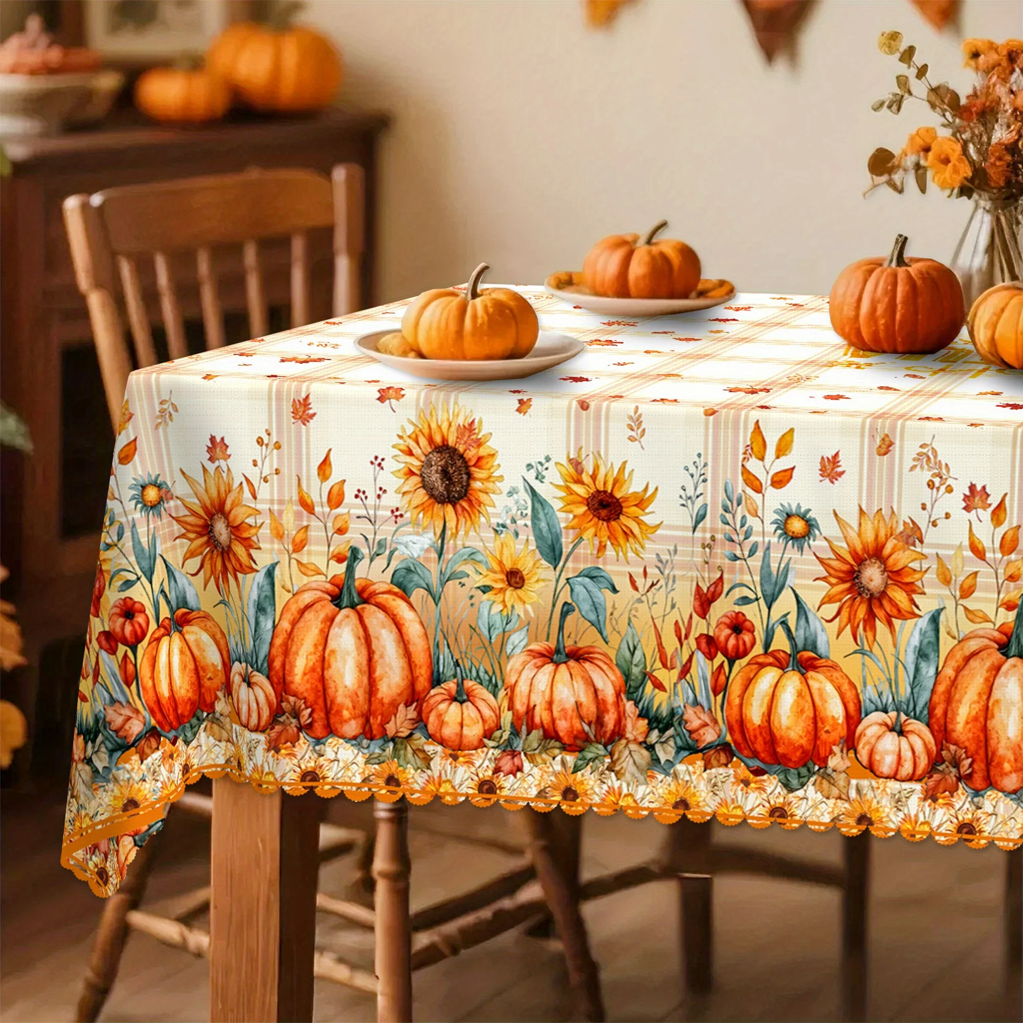 One autumn harvest-themed tablecloth, featuring patterns of sunflowers, maple leaves and pumpkinszyc