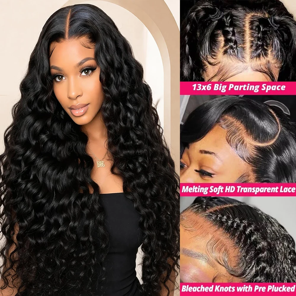 40 Inch Deep Wave Lace Front Wigs Human Hair 200 Density 13x6 HD Transparent Water Wave Lace Closure Front Wigs Human Hair Pre Plucked Deep Curly Wig Glueless Natural Black Human Hair Wigs for Women