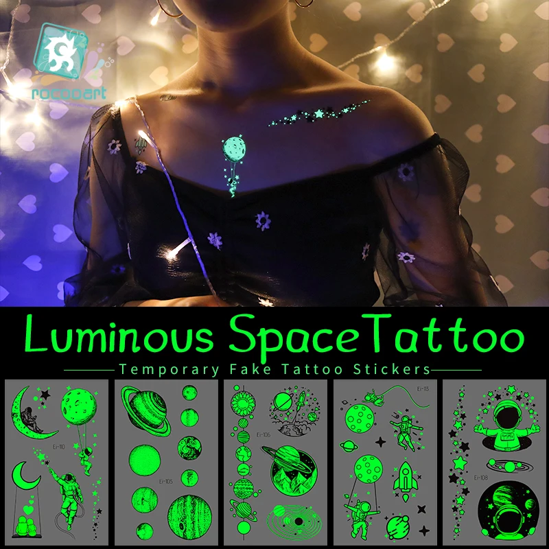 Luminous Temporary Tattoos Sticker For Kids  Astronaut Universe Planets Star Space Man Animals Tattoos For Children Waterproof