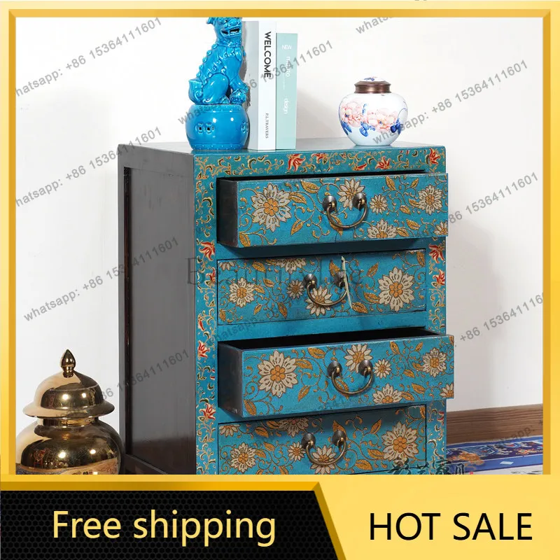 LD Chinese retro solid wood chest cabinet three-dimensional pattern painting bedroom storage locker