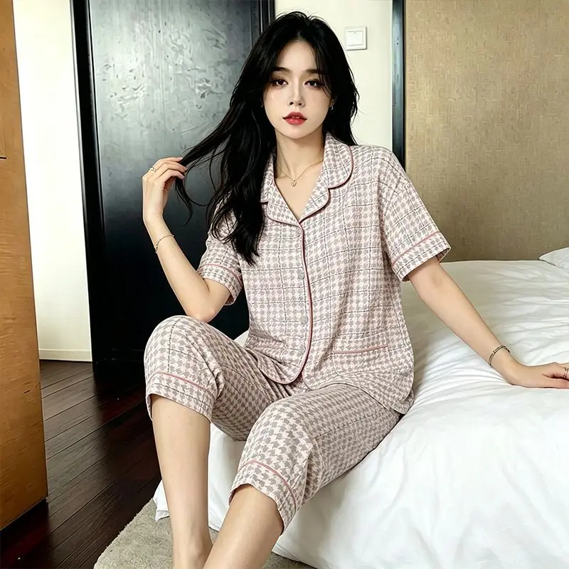 Women's Pajamas Pyjamas Set 2 Piece Short Sleeve Cropped Pants Sleepwear Nightwear Loungewear Plaid Check Soft Plus Size Summer