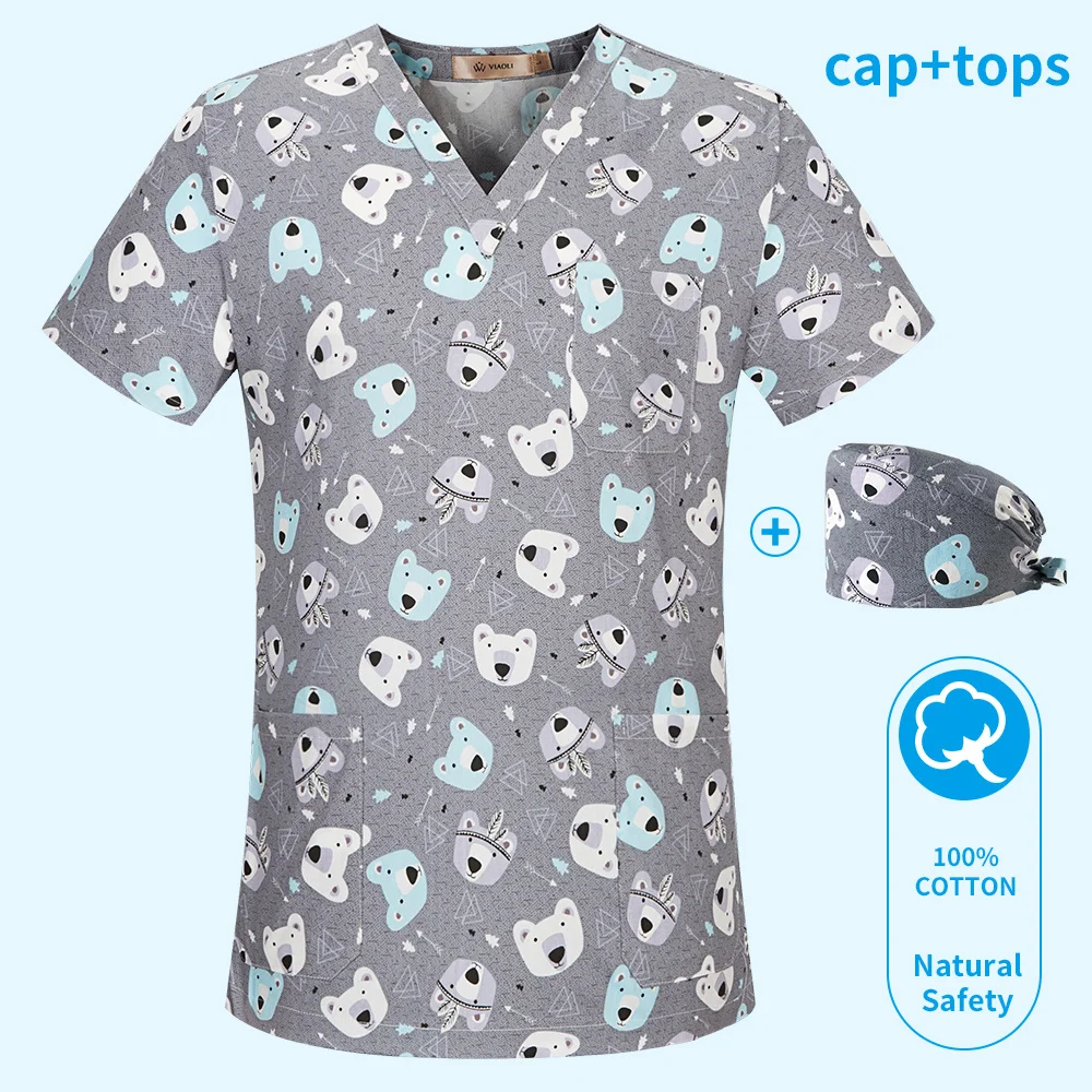 Animal Print Surgery Scrubs Tops Pet Grooming Uniforms Beauty Salon Work Clothing Pet Clinic Veterinary Health Check Uniforms