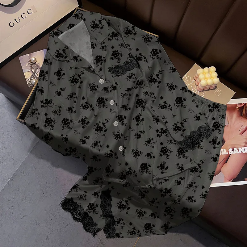 

Black Floral Ice Silk Nightdress for Women Spring New Arrival Fashion Long-Sleeved Trousers Lace Trim Stylish Homewear Set