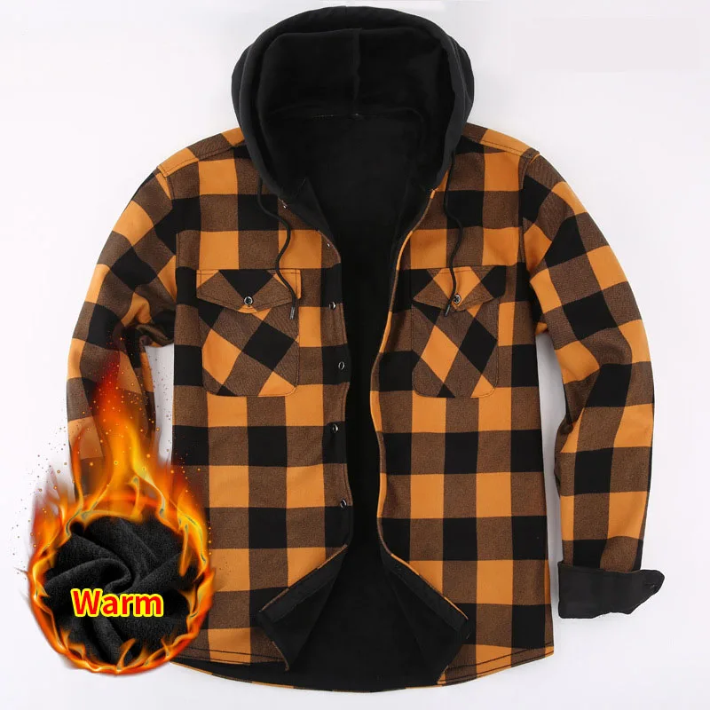 Men's Hooded Shirt Jacket Fashion Plaid Men Coat Plush Warm Long Sleeve Casual Shirts Autumn Winter Hoodies Outerwear MY1010