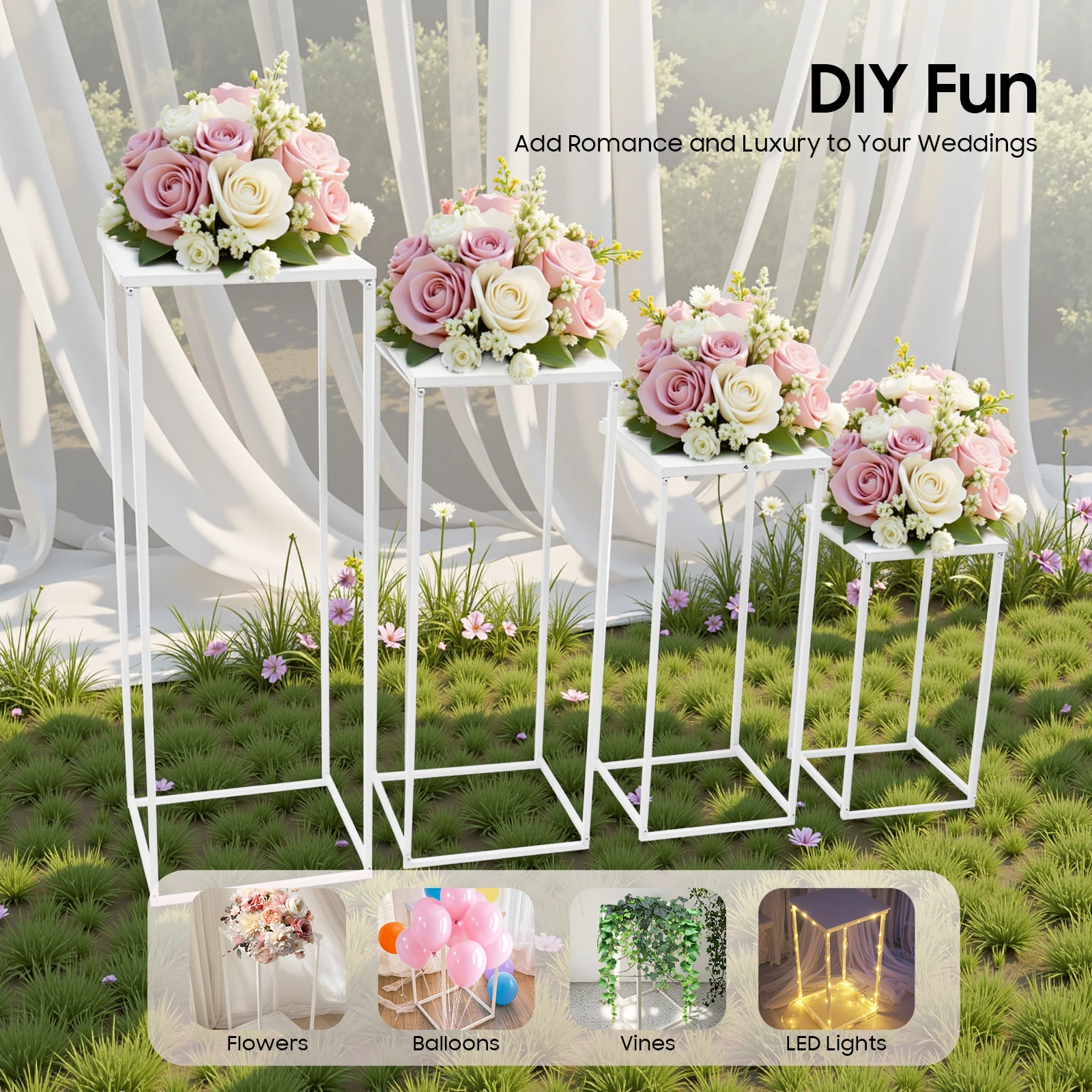 

4 Pcs Square Wedding Flower Stand Set, 23 26 29 31cm Heights, for Wedding Ceremony Party Home Garden Decoration