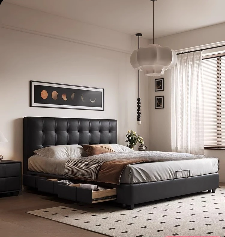 

Retro storage waffle master bedroom leather Italian light luxury black antique bed