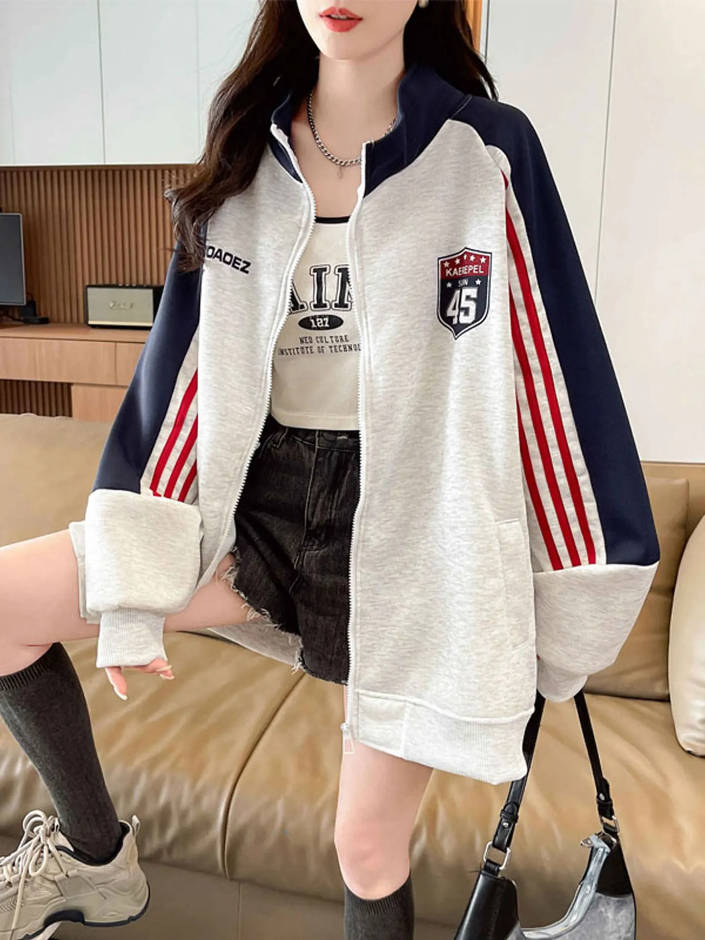 

Color Block Casual Stand Collar Open Cardigan Women's Spring Autumn Thin Loose Fit Sweatshirt mid Length Versatile Outerwear