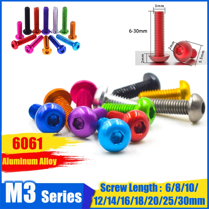 

10/50Pcs M3 Series Anodized Colorful Aluminum Alloy Hex Socket Round Button Head Screw DIY Fastener Bolt Screw Length 6mm-30mm