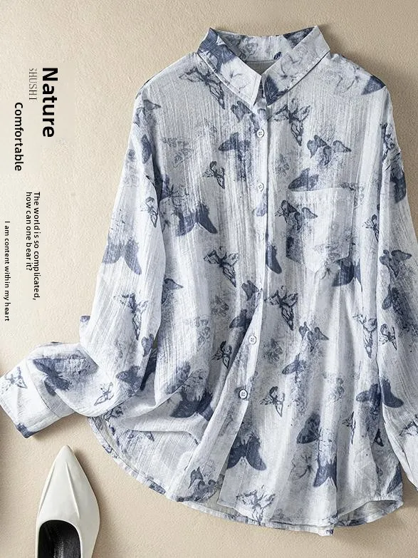 

Retro Summer Print Linen Long Sve Loose Cotton Linen Women's irt Sun Protection Open Cardigan Top Comfortable Breathable