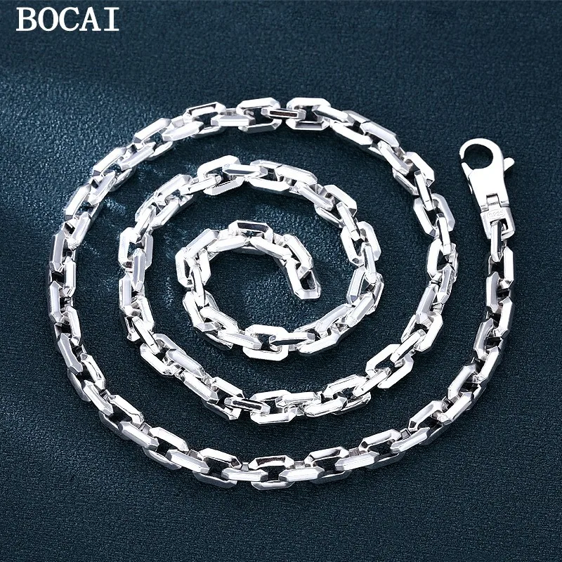 BOCAI S925  Silver Vintage Personality Oversized Chain Men's Checkered Box Necklace