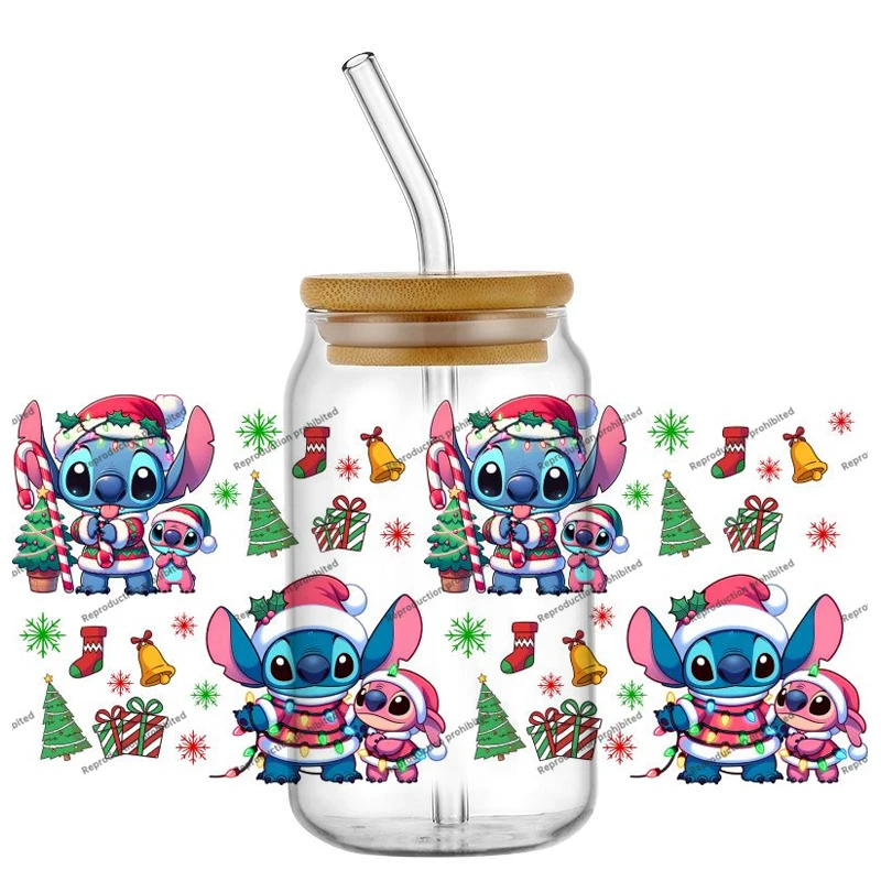 

HOT 3D Stitch Christmas decorations UV DTF Cup Mug Wraps Car Sticker DIY Deca For 16oz Libbey Glass Holiday gifts