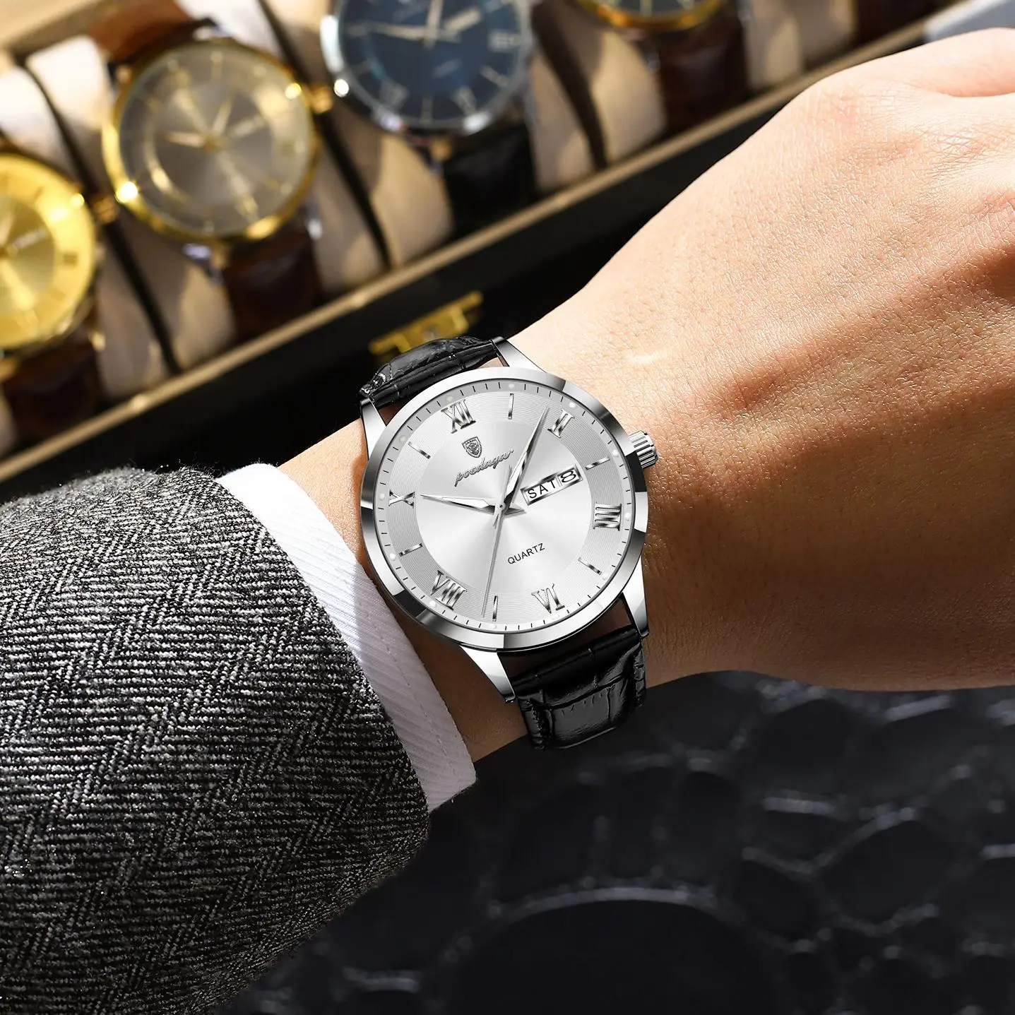 POEDAGAR Business Fashion Men's Watch Date Week Waterproof Luminous Leather Man Watch High Quality Casual Quartz Watches For Men