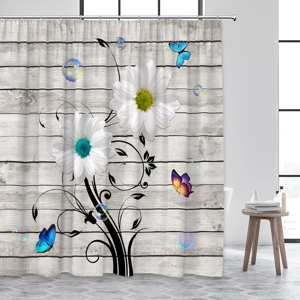 White Daisy Flowers Shower Curtains Butterfly Creative Floral Bubble Black Gray Ombre Backdrop Fabric Bathroom Decor with Hooks