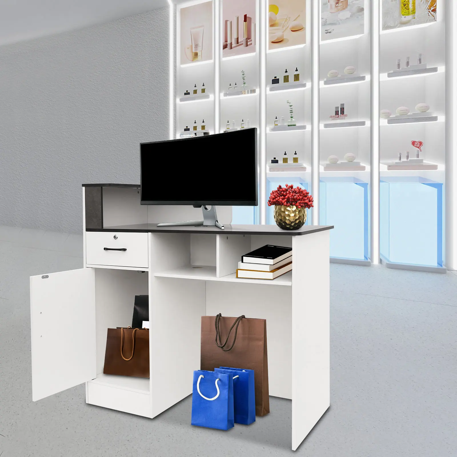 Modern Nordic Minimalist Reception Desk, Lockable Drawer LED Light Checkout Counter for Retail Store Beauty Salon