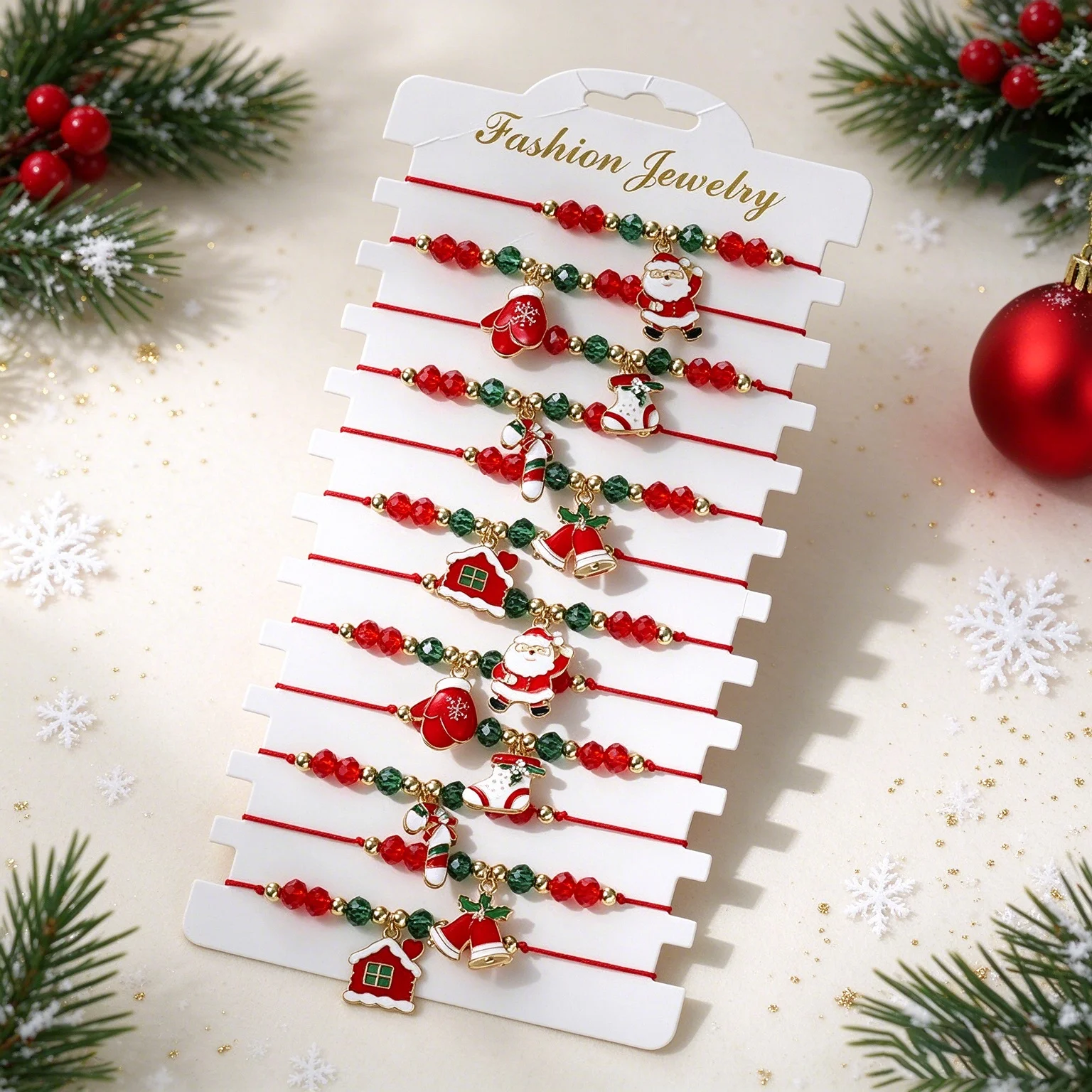12-piece enamel bead bracelet set, adjustable Santa Claus and snowflake pendants, Christmas gift or daily wear
