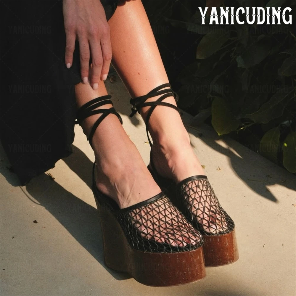 

Woven Fishnet Platform Wedge Clog Sandals Ankle Strap Summer High Heel Sandals Designer Style Handmade Wedge Sandals for Women