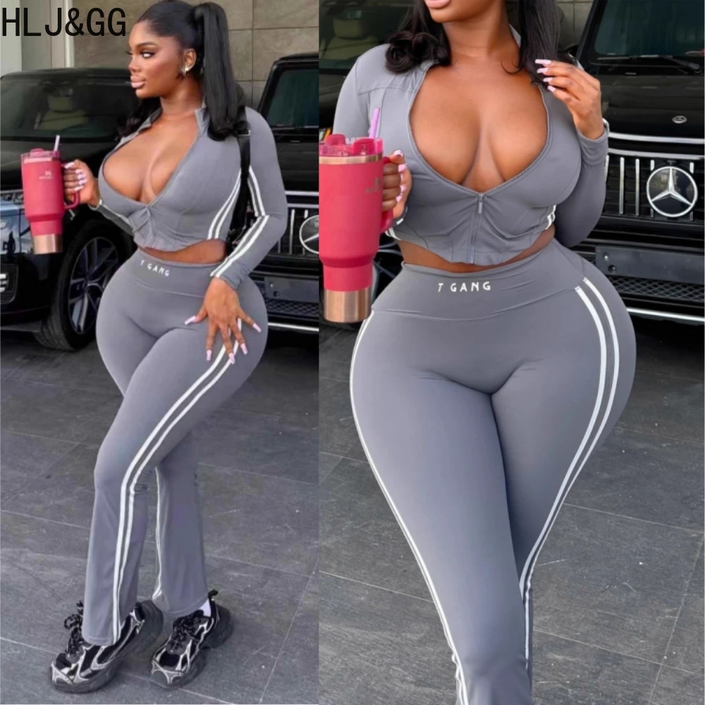 

HLJ&GG Gray Fashion Stripe Print Skinny Pants Two Piece Sets Women Zipper Long Sleeve Slim Crop Top And Pants Outfits Tracksuits
