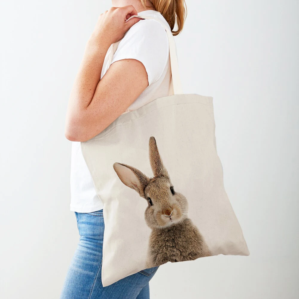 Bunny Rabbit Elephant Giraffe Bear Travel Tote Lady Handbag Shopper Bag Double Print Animal Canvas Women Shopping Bags
