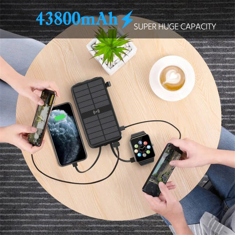 43800mAh Bank energii słonecznej szybka bezprzewodowa ładowarka zewnętrzna bateria PD 20W Powerbank zbudowany kable LED światła dla iPhone Xiaomi