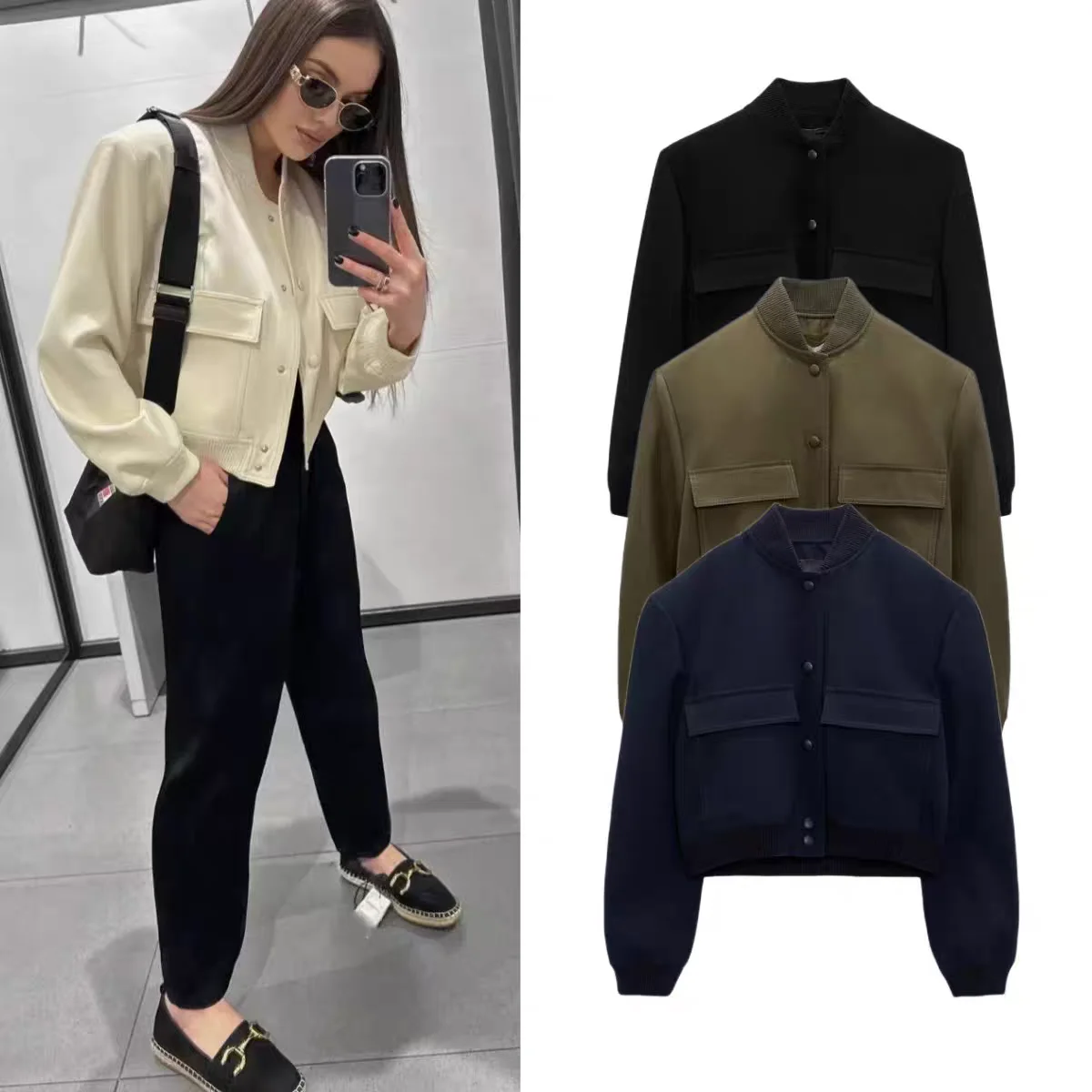 

Faionable Long Sve Stand Collar Jaet Outerwear Women's Autumn New Arrival Polyester Fiber Commute Sle Loose Fit or...