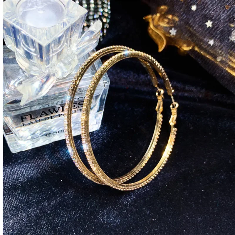 Big Round Crystal Hoop Earrings for Women Bijoux Geometric Rhinestone Earrings Statement Jewelry Gifts