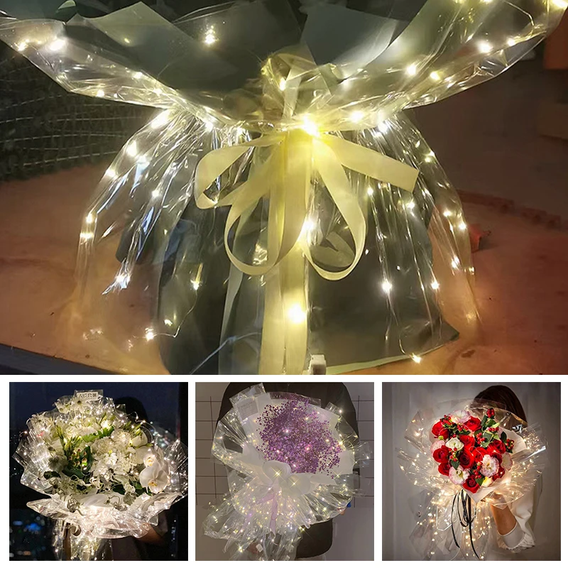 1pc LED Flower Bouquet Wrapping Paper DIY Valentine's Day Transparent Waterproof Lights Craft Packaging Film Home Decor